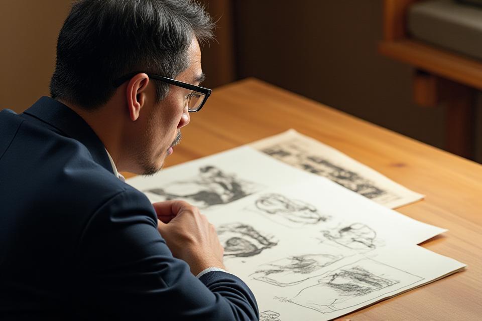 創業者の田中雄一がデザインスケッチを見つめる、創業時の情熱を表す写真